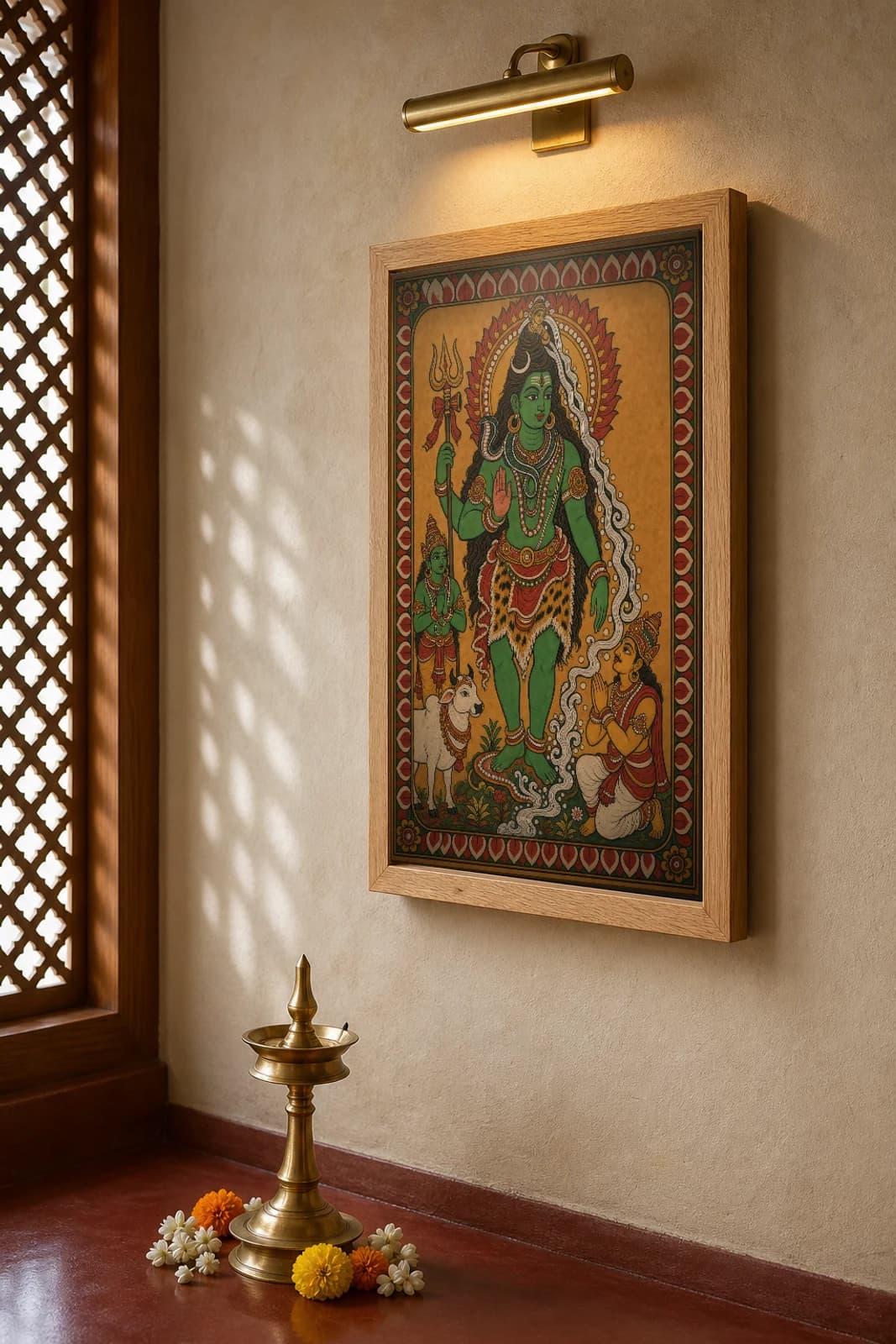 Gangadhara Shiva Kerala Mural Art Print — Shiva receiving the river Ganga in his hair, flat panchavarna bhitti-chitra style, collector edition of 500 — the framed print shown at a three-quarter angle on a styled gallery wall in a natural-oak frame
