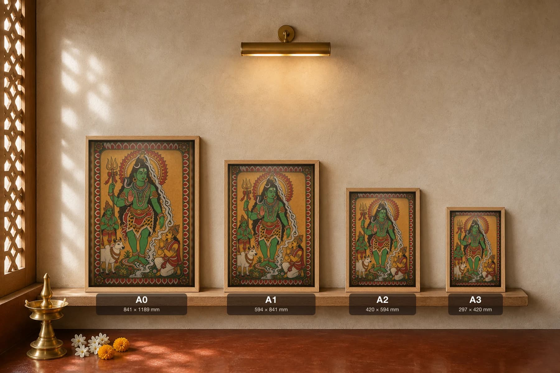 Gangadhara Shiva Kerala Mural Art Print — Shiva receiving the river Ganga in his hair, flat panchavarna bhitti-chitra style, collector edition of 500 — print size guide showing the artwork at A0, A1, A2 and A3 in natural-oak frames at true relative scale
