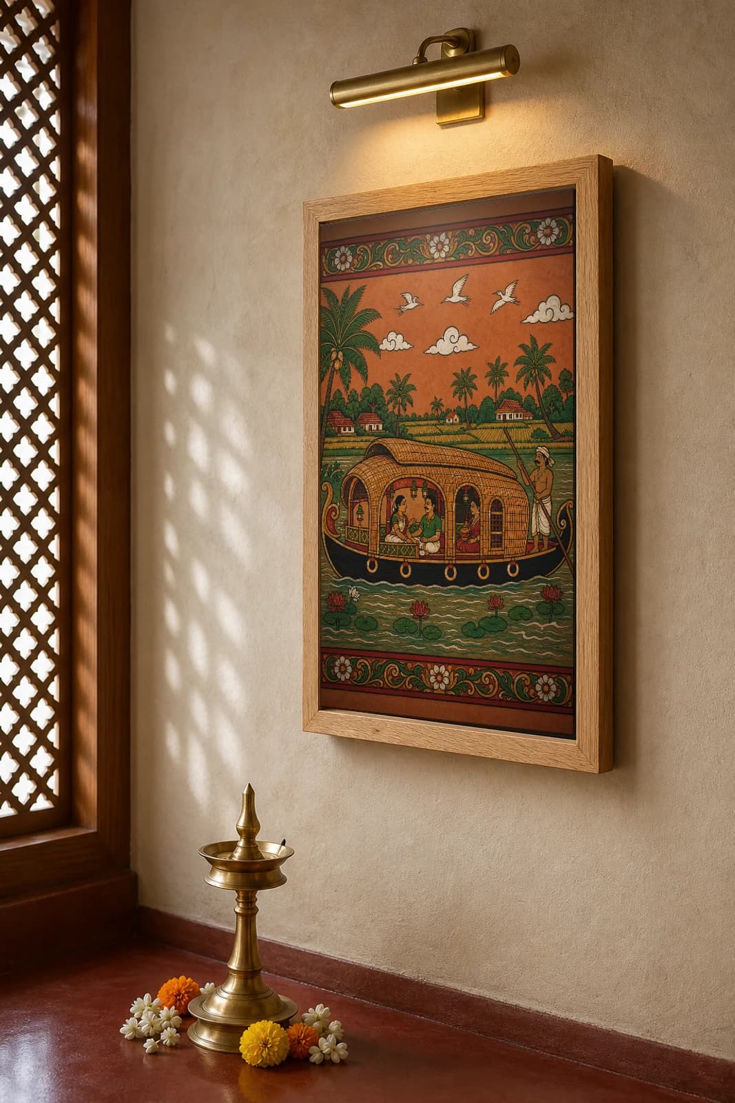 Kettuvallam Houseboat Kerala Mural Art Print — backwater thatch-roof boat on the Vembanad, flat panchavarna bhitti-chitra style, collector edition of 500 — the framed print shown at a three-quarter angle on a styled gallery wall in a natural-oak frame