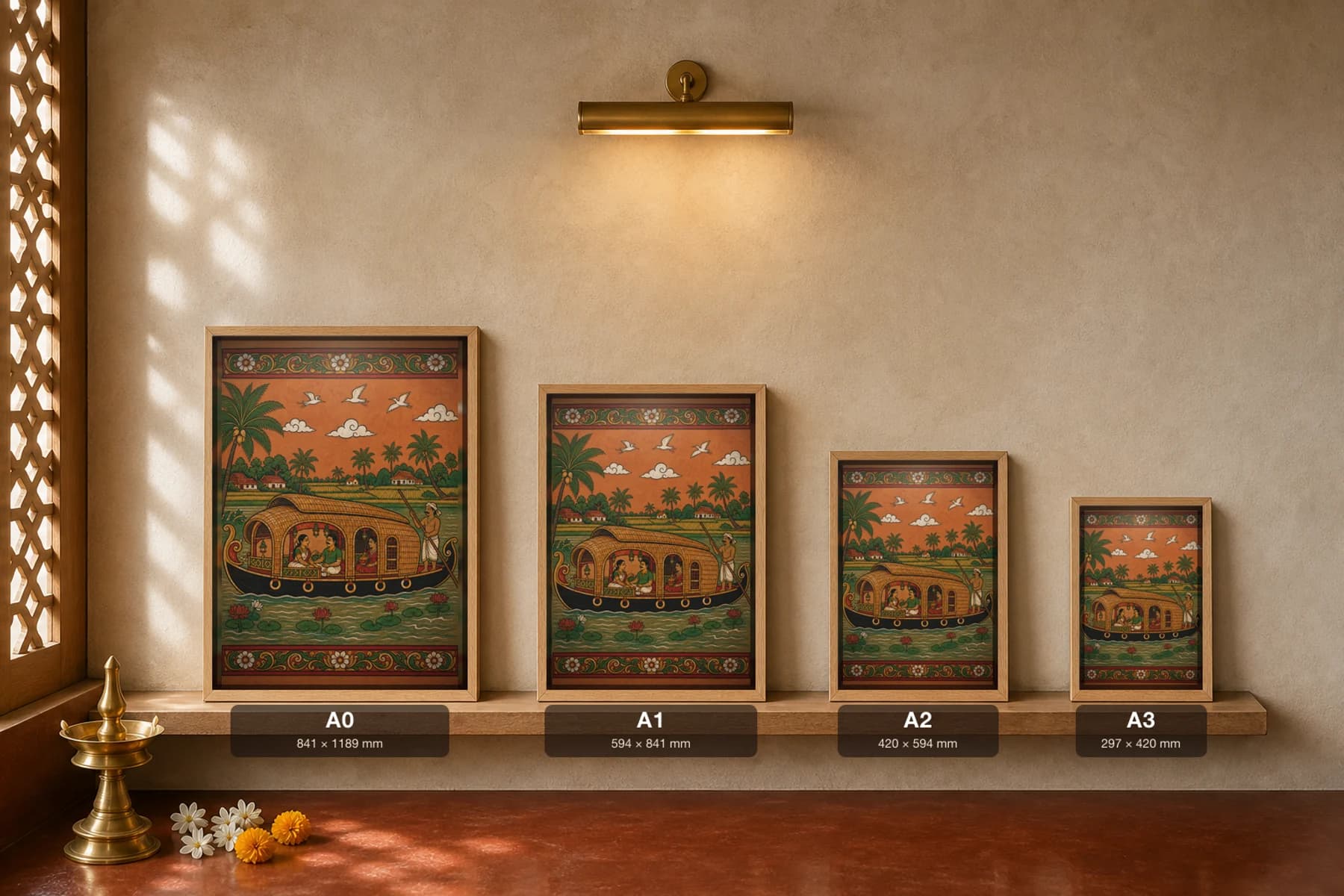 Kettuvallam Houseboat Kerala Mural Art Print — backwater thatch-roof boat on the Vembanad, flat panchavarna bhitti-chitra style, collector edition of 500 — print size guide showing the artwork at A0, A1, A2 and A3 in natural-oak frames at true relative scale