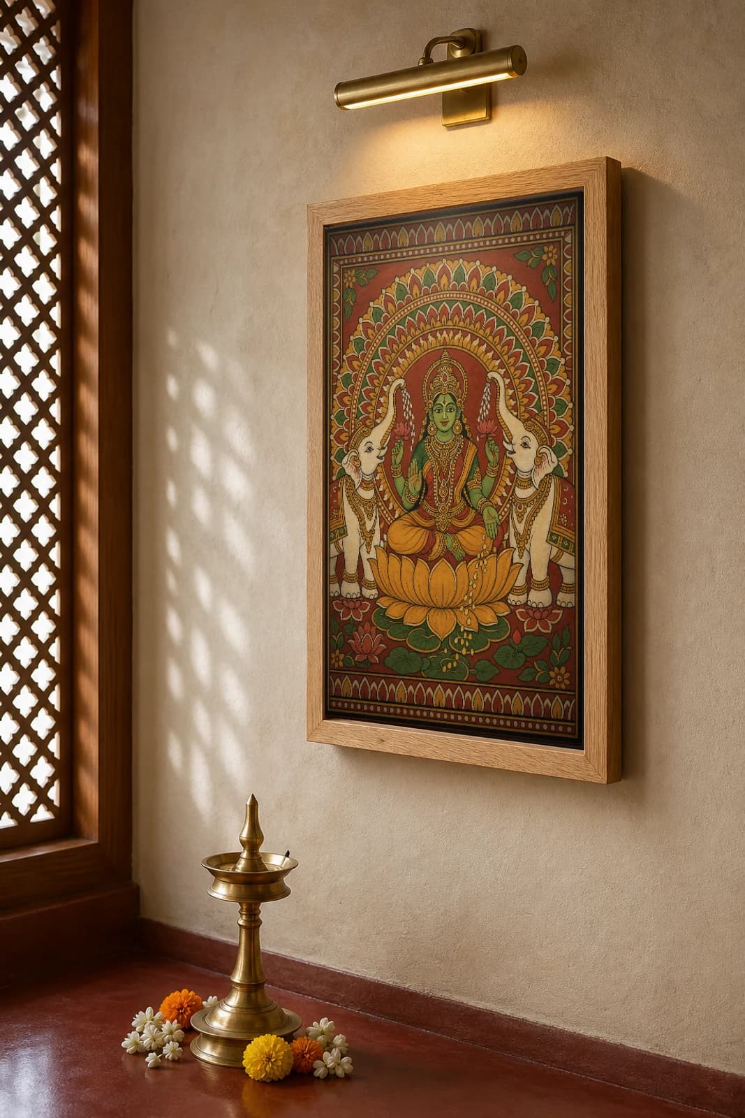 Gajalakshmi Kerala Mural Art Print — Lakshmi on the lotus with anointing elephants, flat panchavarna bhitti-chitra style, collector edition of 500 — the framed print shown at a three-quarter angle on a styled gallery wall in a natural-oak frame
