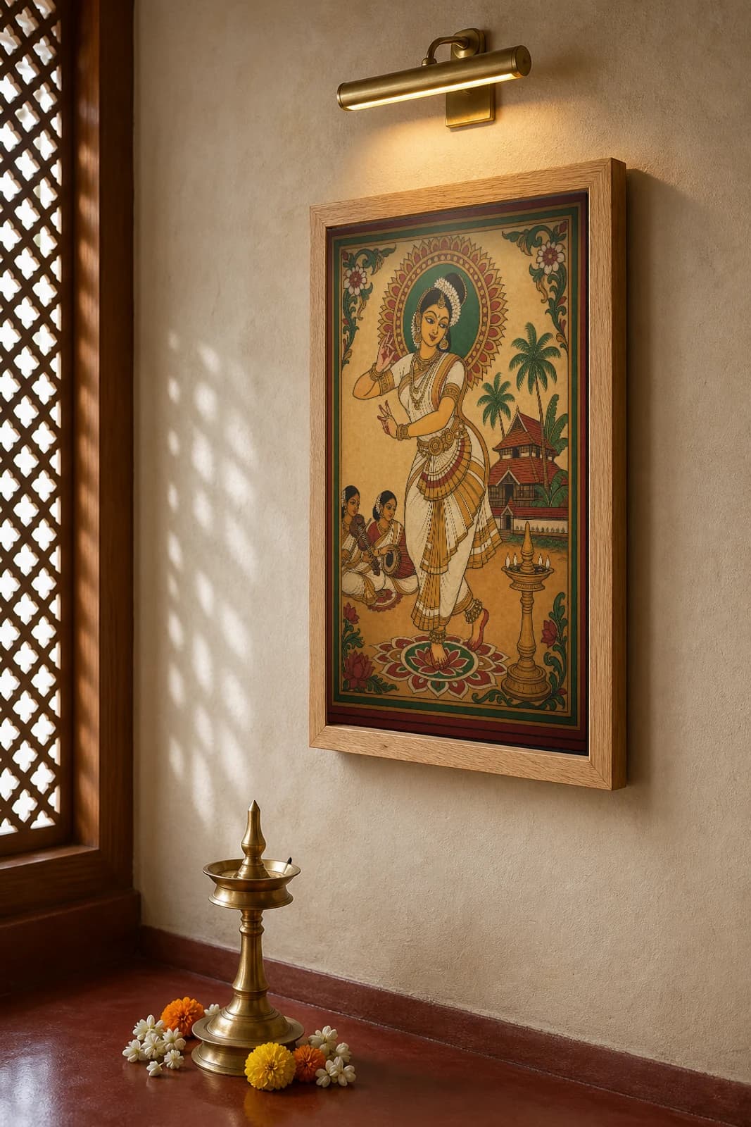 Mohiniyattam Dancer Kerala Mural Art Print — kasavu-white solo dancer with chenda-veena accompanists in panchavarna bhitti-chitra style · collector edition A2 — the framed print shown at a three-quarter angle on a styled gallery wall in a natural-oak frame