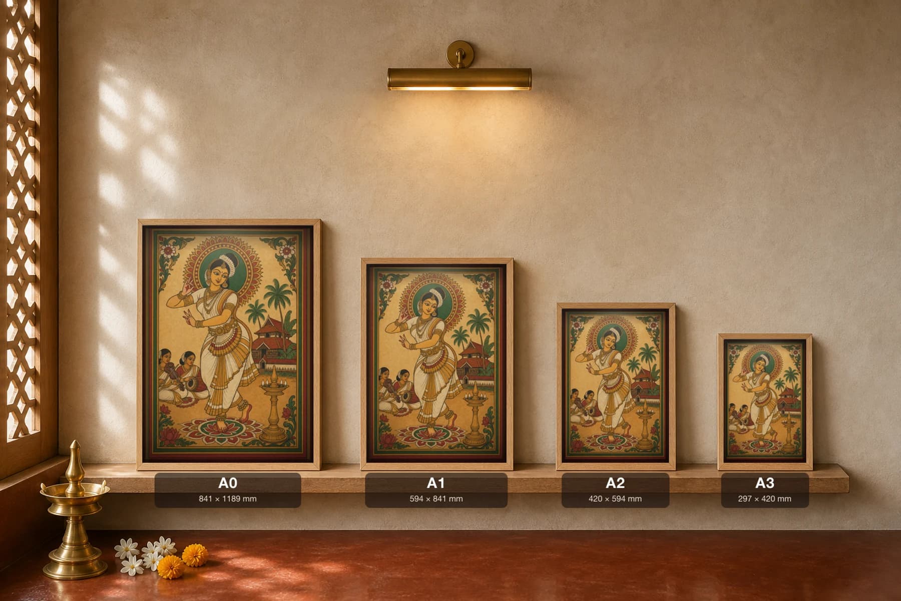Mohiniyattam Dancer Kerala Mural Art Print — kasavu-white solo dancer with chenda-veena accompanists in panchavarna bhitti-chitra style · collector edition A2 — print size guide showing the artwork at A0, A1, A2 and A3 in natural-oak frames at true relative scale