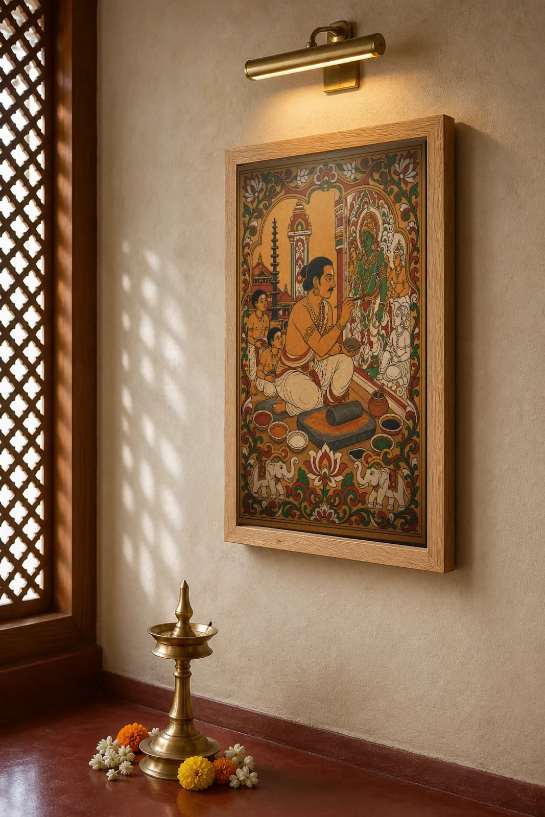 Kerala Mural Painter at Work Kerala Mural Art Print — a chitrakara painting a green-bodied deity on a temple wall, in panchavarna bhitti-chitra style · collector edition A2 — the framed print shown at a three-quarter angle on a styled gallery wall in a natural-oak frame