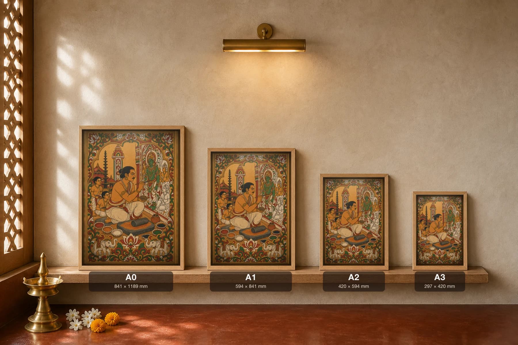 Kerala Mural Painter at Work Kerala Mural Art Print — a chitrakara painting a green-bodied deity on a temple wall, in panchavarna bhitti-chitra style · collector edition A2 — print size guide showing the artwork at A0, A1, A2 and A3 in natural-oak frames at true relative scale