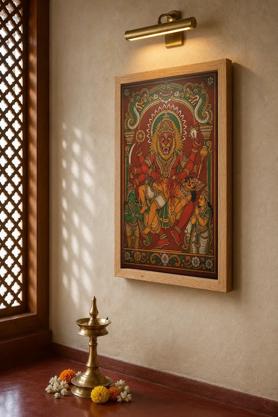 Narasimha Slaying Hiranyakashipu Kerala Mural Art Print — the lion-man avatar of Vishnu in panchavarna bhitti-chitra style · collector edition A2 — the framed print shown at a three-quarter angle on a styled gallery wall in a natural-oak frame
