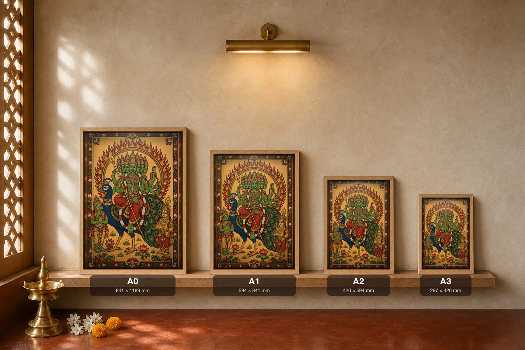Subramanya on the Peacock Kerala Mural Art Print — six-headed Murugan with the vel and his two consorts in panchavarna bhitti-chitra style · collector edition A2 — print size guide showing the artwork at A0, A1, A2 and A3 in natural-oak frames at true relative scale