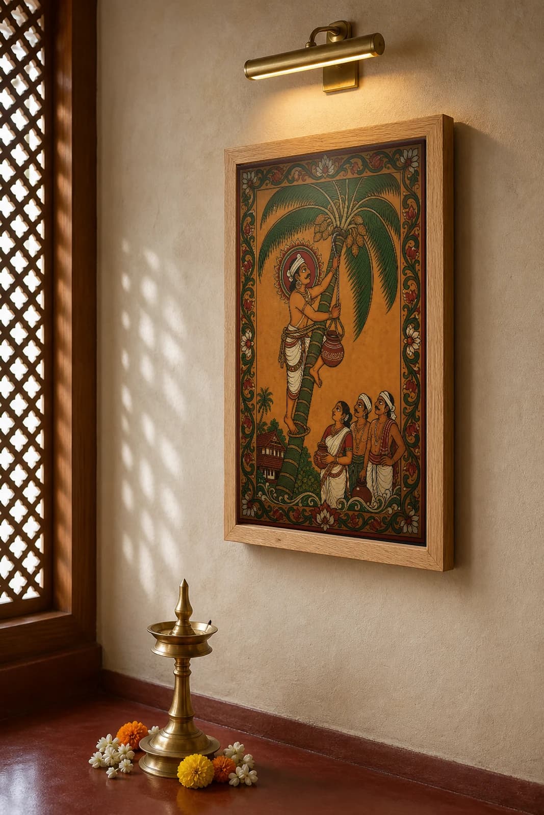 Kerala Toddy Tapper on the Palm Kerala Mural Art Print — a tapper climbing a coconut palm with his collecting pot in panchavarna bhitti-chitra style · collector edition A2 — the framed print shown at a three-quarter angle on a styled gallery wall in a natural-oak frame