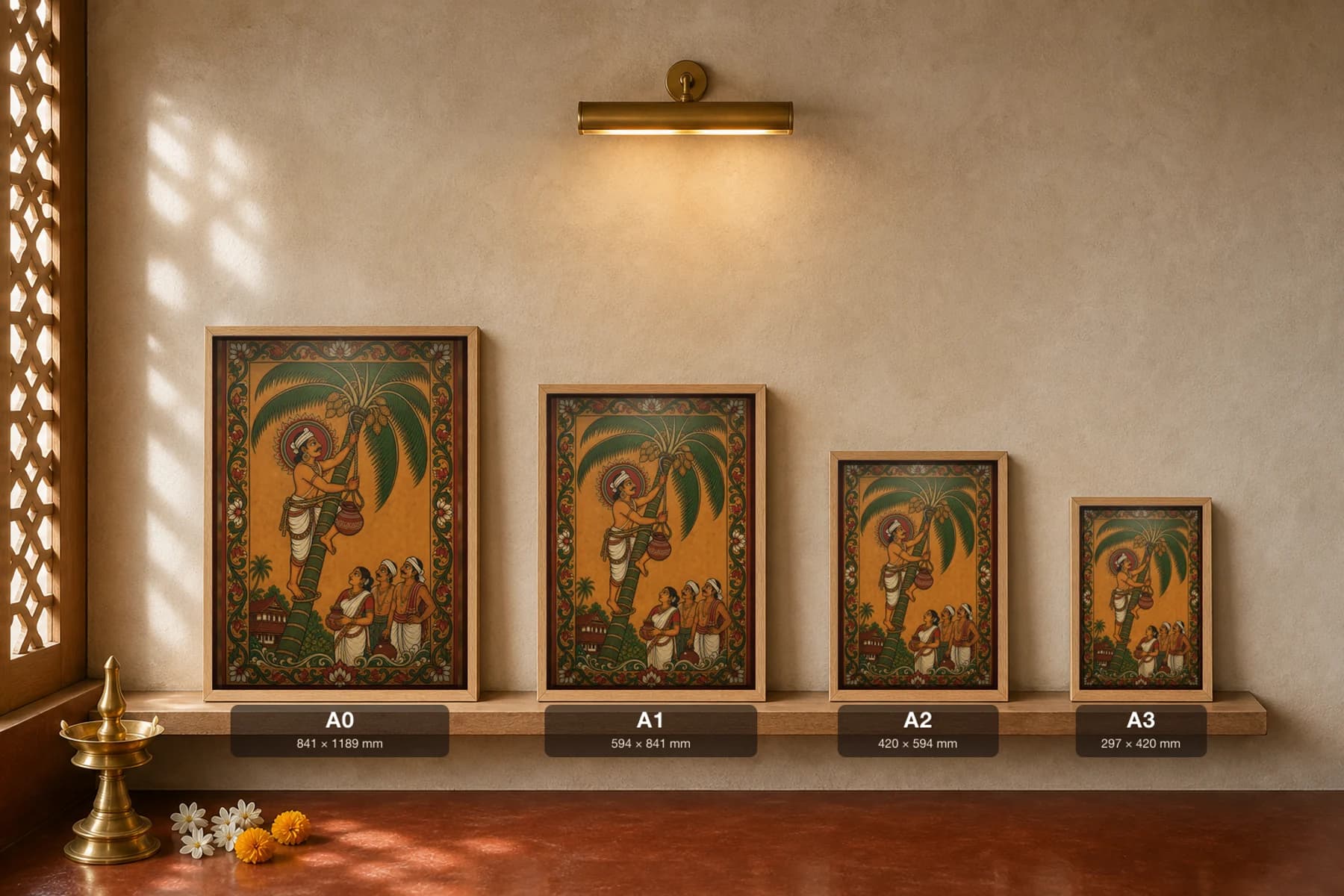 Kerala Toddy Tapper on the Palm Kerala Mural Art Print — a tapper climbing a coconut palm with his collecting pot in panchavarna bhitti-chitra style · collector edition A2 — print size guide showing the artwork at A0, A1, A2 and A3 in natural-oak frames at true relative scale