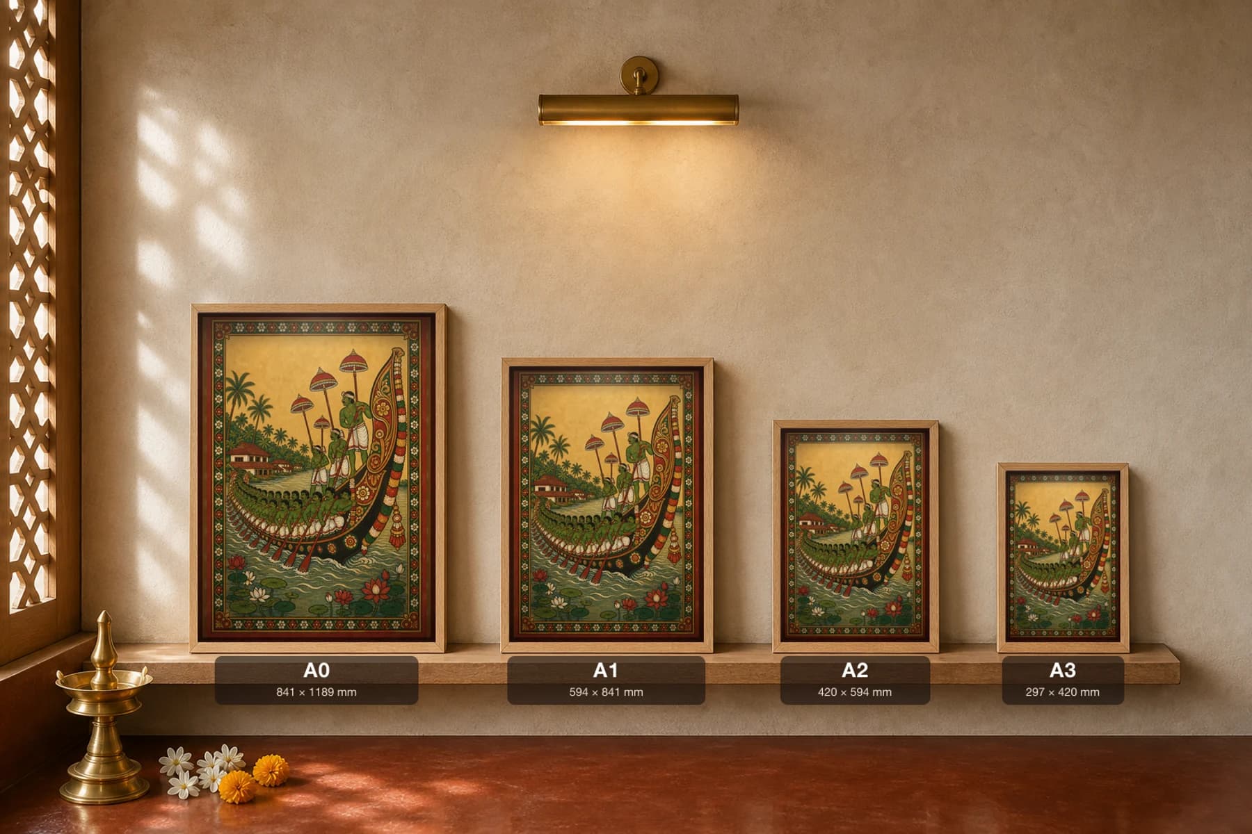 Vallam Kali Snake-Boat Race Kerala Mural Art Print — a chundan vallam crew rowing the backwaters in panchavarna bhitti-chitra style · collector edition A2 — print size guide showing the artwork at A0, A1, A2 and A3 in natural-oak frames at true relative scale