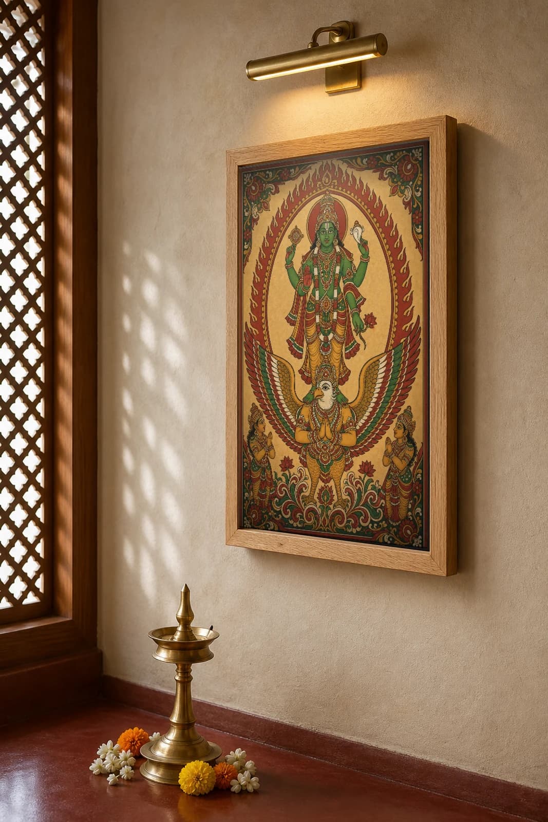 Vishnu on Garuda Kerala Mural Art Print — the four-armed Vishnu riding the eagle Garuda in panchavarna bhitti-chitra style · collector edition A2 — the framed print shown at a three-quarter angle on a styled gallery wall in a natural-oak frame