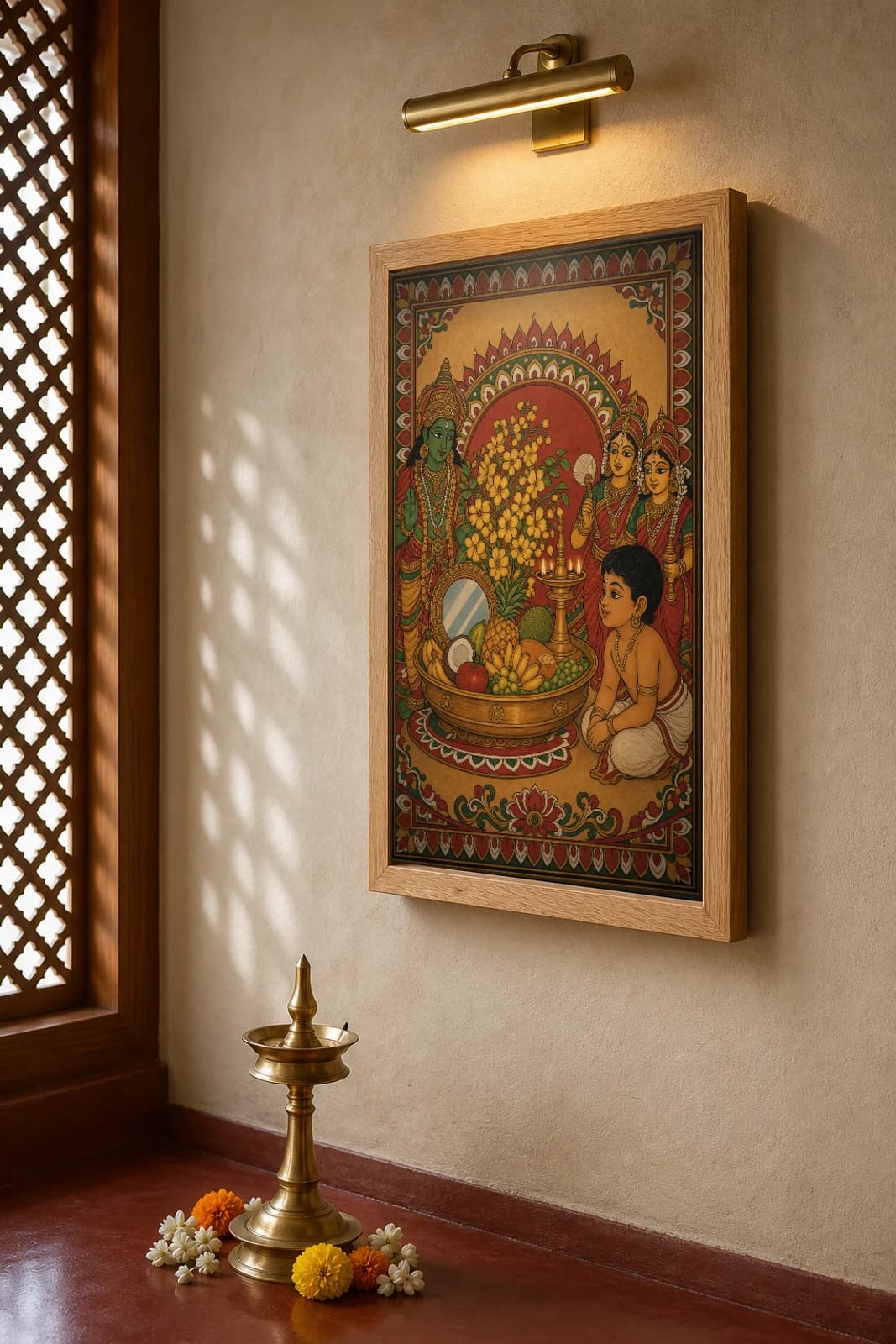 Vishu Kani Kerala Mural Art Print — the auspicious first sight of Vishu with konna flowers, lamp and Krishna in panchavarna bhitti-chitra style · collector edition A2 — the framed print shown at a three-quarter angle on a styled gallery wall in a natural-oak frame
