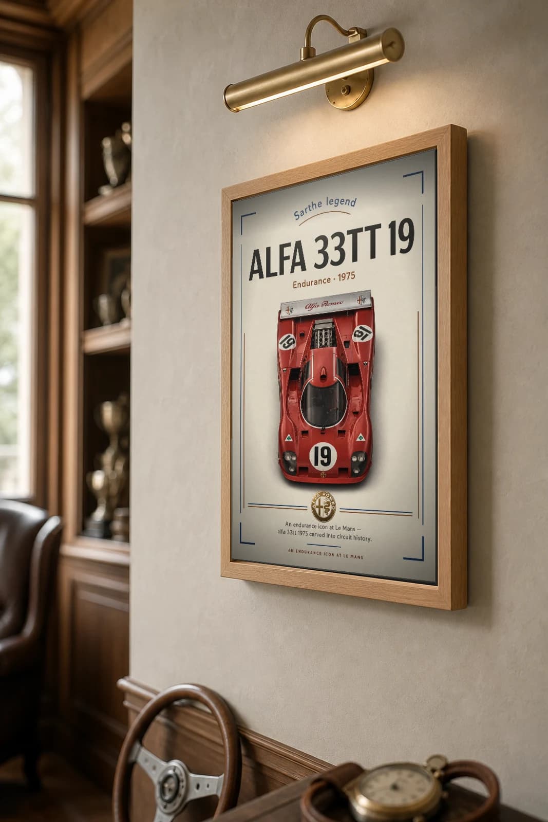 Alfa Romeo 33 TT 12 Poster — 1975 24 Hours of Le Mans Endurance Racing Wall Art · framed A2 — the framed print shown at a three-quarter angle on a styled gallery wall in a natural-oak frame