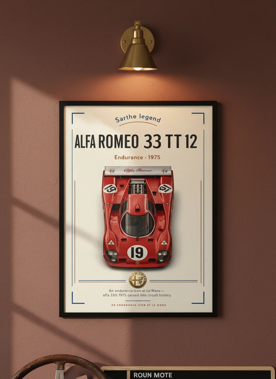 Alfa Romeo 33 TT 12 Le Mans endurance print in black A2 frame on warm-parchment-paper oxblood wall — Le Mans mockup