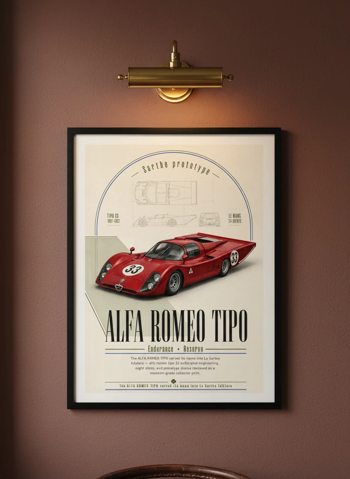 Alfa Romeo Tipo 33 Le Mans endurance print in black A2 frame on warm-cream-parchment oxblood wall — Le Mans mockup