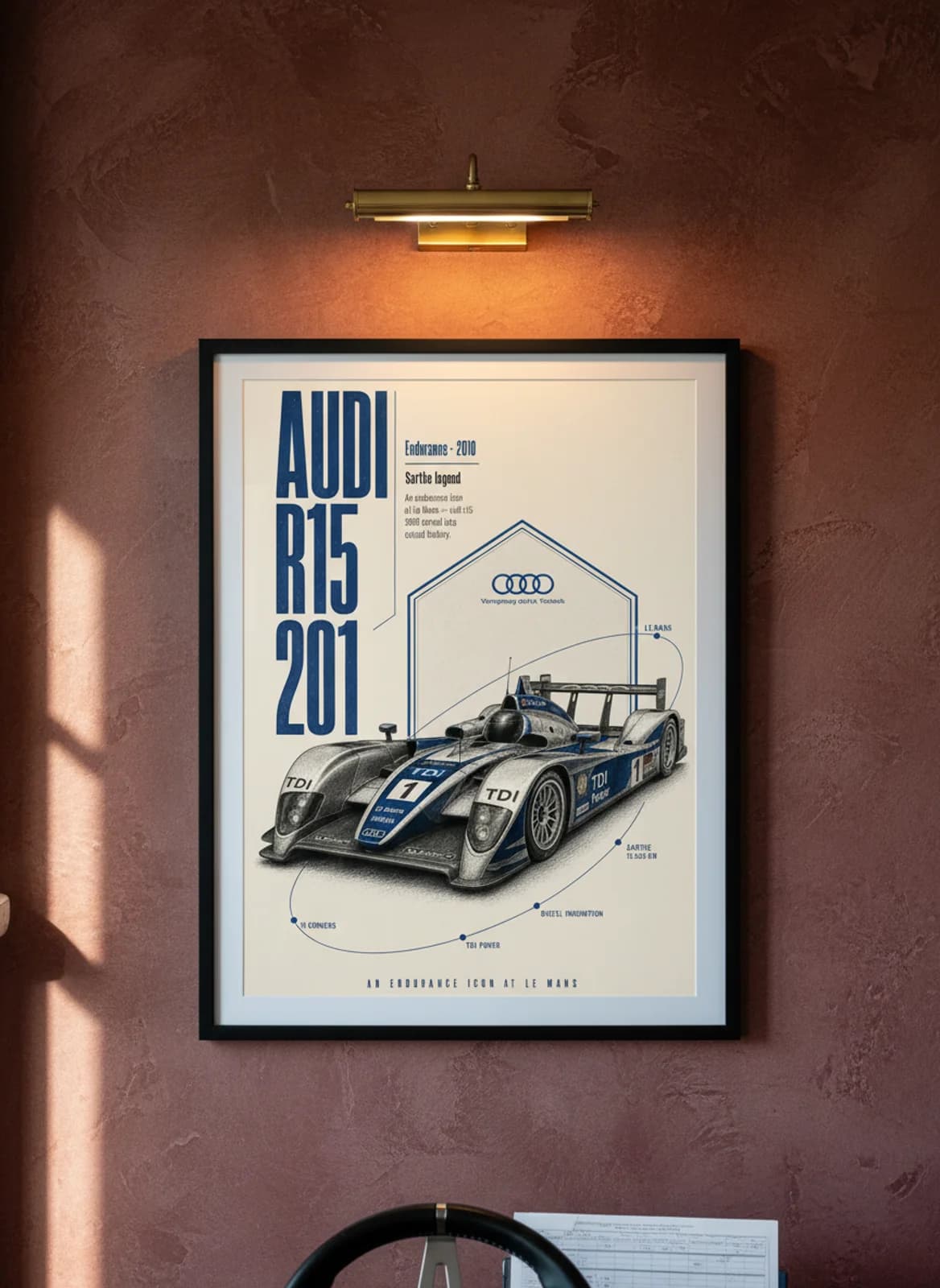 R15 TDI Le Mans endurance print in black A2 frame on warm-cream-parchment oxblood wall — Le Mans mockup