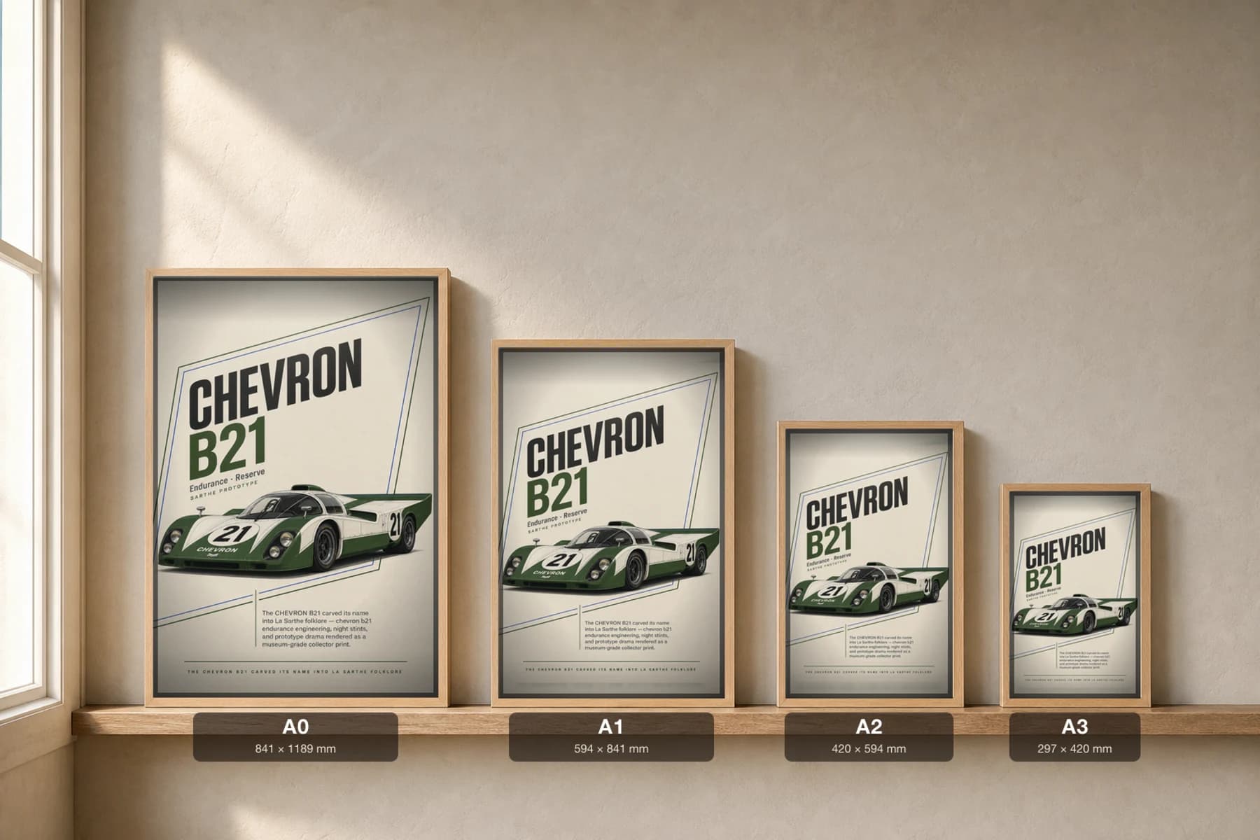 Chevron B21 Poster — 1972 24 Hours of Le Mans Endurance Racing Wall Art · framed A2 — print size guide showing the artwork at A0, A1, A2 and A3 in natural-oak frames at true relative scale