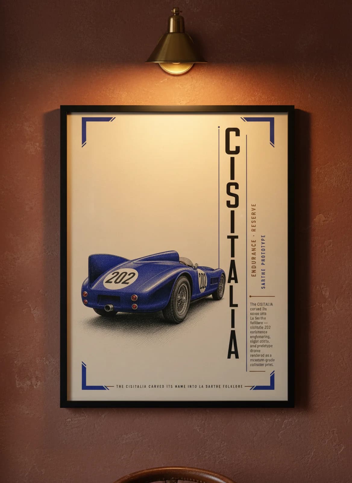 Cisitalia 202 Le Mans endurance print in black A2 frame on warm-cream-parchment oxblood wall — Le Mans mockup