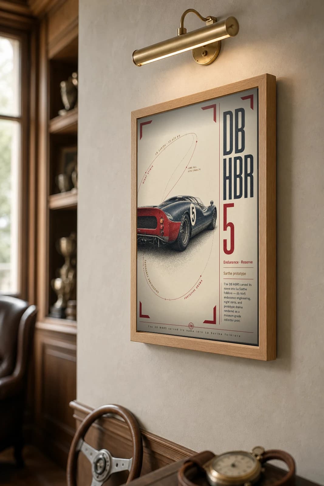 DB HBR5 Poster — 1955 24 Hours of Le Mans Endurance Racing Wall Art · framed A2 — the framed print shown at a three-quarter angle on a styled gallery wall in a natural-oak frame