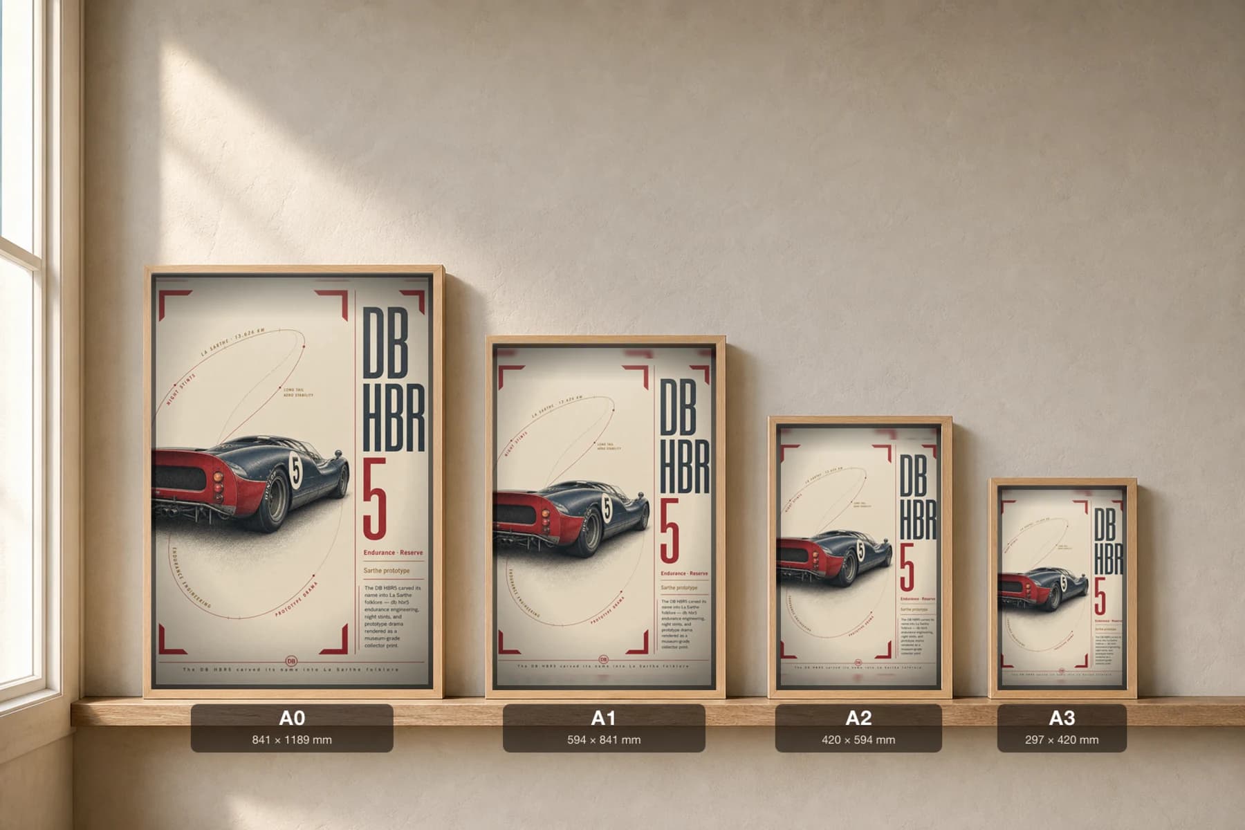 DB HBR5 Poster — 1955 24 Hours of Le Mans Endurance Racing Wall Art · framed A2 — print size guide showing the artwork at A0, A1, A2 and A3 in natural-oak frames at true relative scale