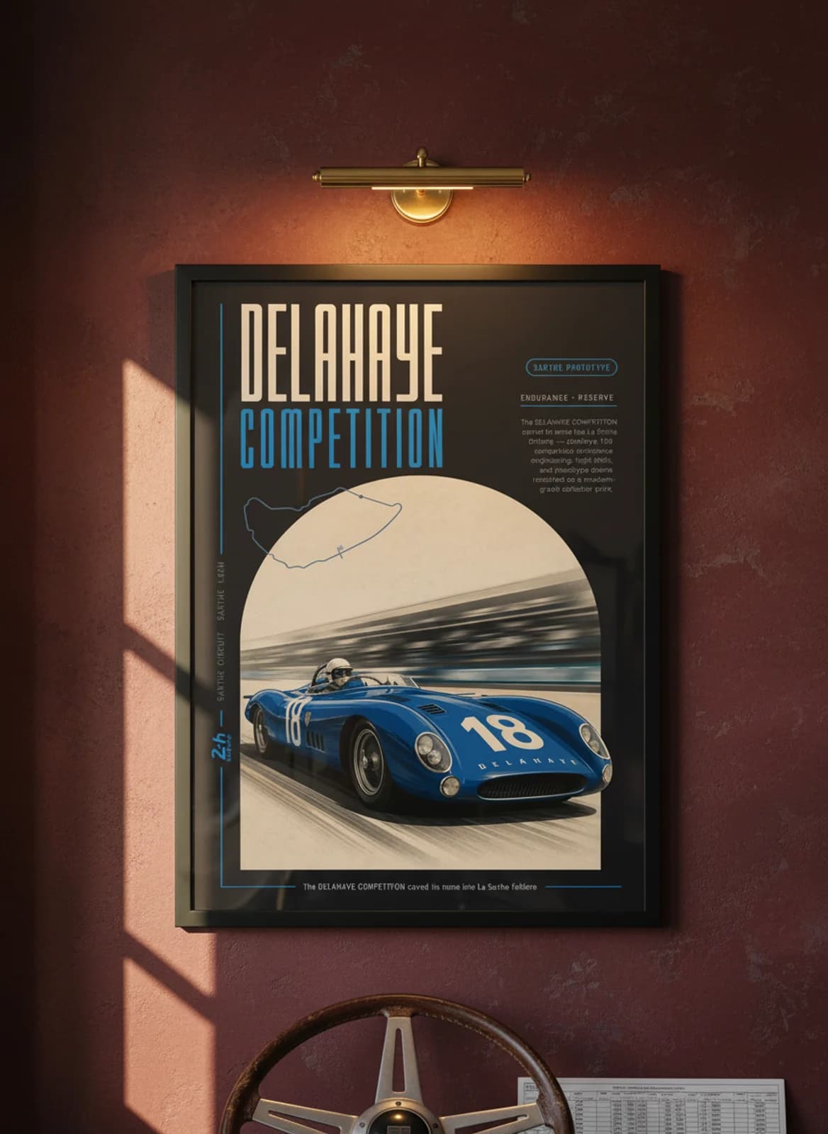 Delahaye 135 Competition Le Mans endurance print in black A2 frame on deep-black-ground oxblood wall — Le Mans mockup