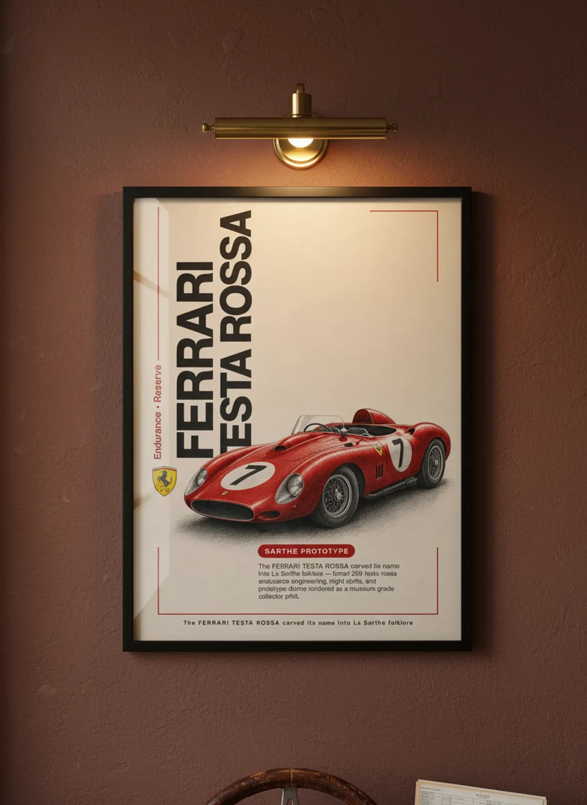 Ferrari 250 Testa Rossa Le Mans endurance print in black A2 frame on warm-cream-parchment oxblood wall — Le Mans mockup