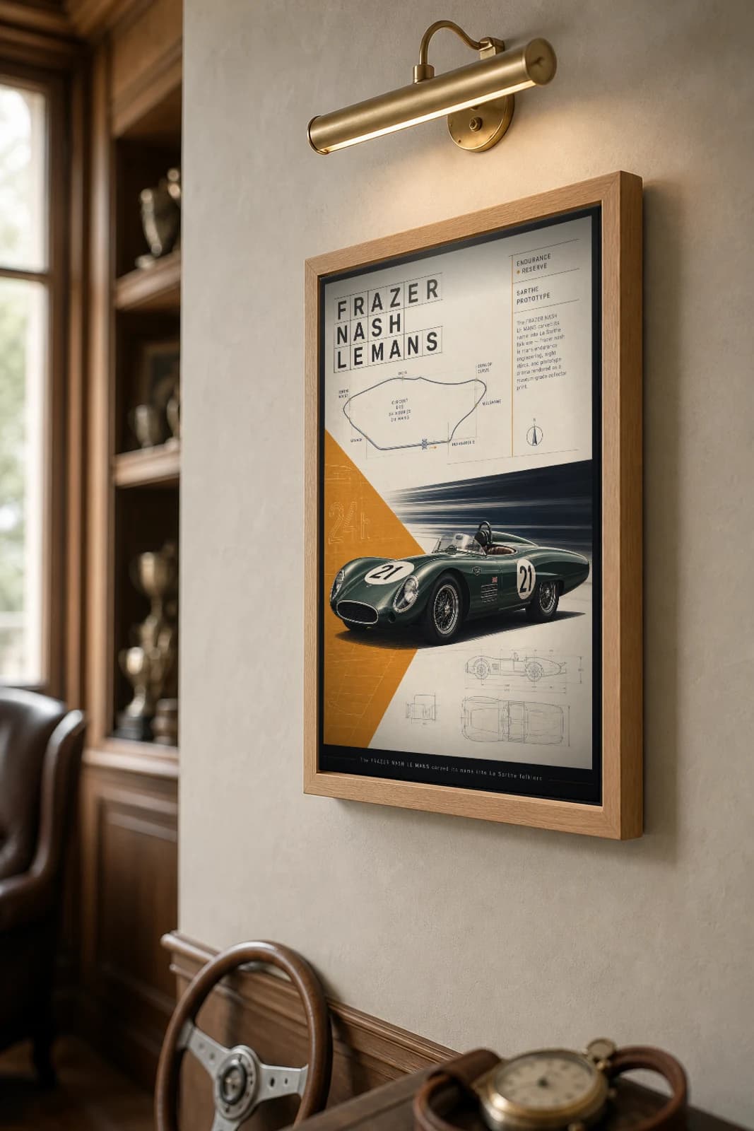 Frazer Nash Le Mans Poster — 1954 24 Hours of Le Mans Endurance Racing Wall Art · framed A2 — the framed print shown at a three-quarter angle on a styled gallery wall in a natural-oak frame