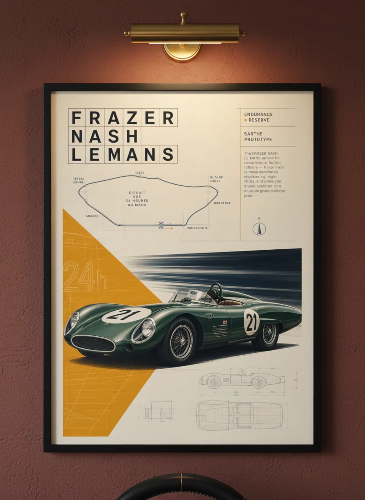 Frazer Nash Le Mans Le Mans endurance print in black A2 frame on warm-cream-parchment oxblood wall — Le Mans mockup