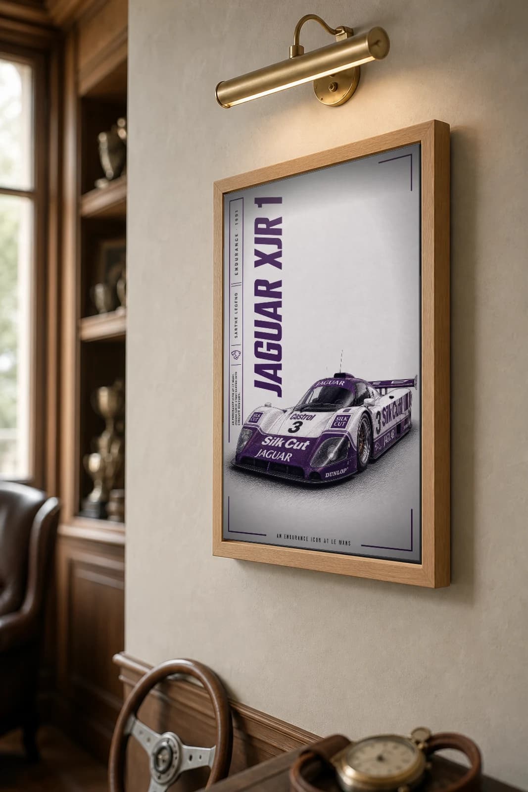 Jaguar XJR-14 Poster — 1991 24 Hours of Le Mans Endurance Racing Wall Art · framed A2 — the framed print shown at a three-quarter angle on a styled gallery wall in a natural-oak frame