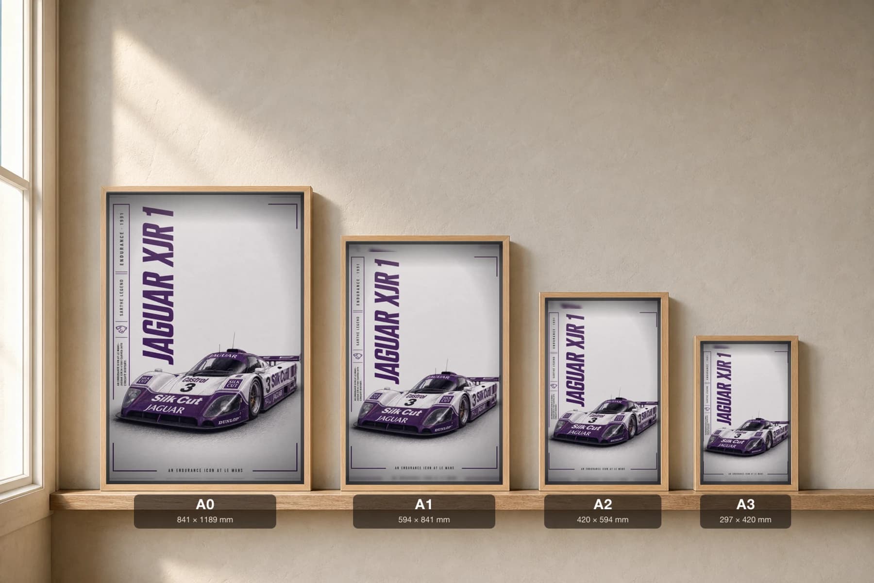 Jaguar XJR-14 Poster — 1991 24 Hours of Le Mans Endurance Racing Wall Art · framed A2 — print size guide showing the artwork at A0, A1, A2 and A3 in natural-oak frames at true relative scale