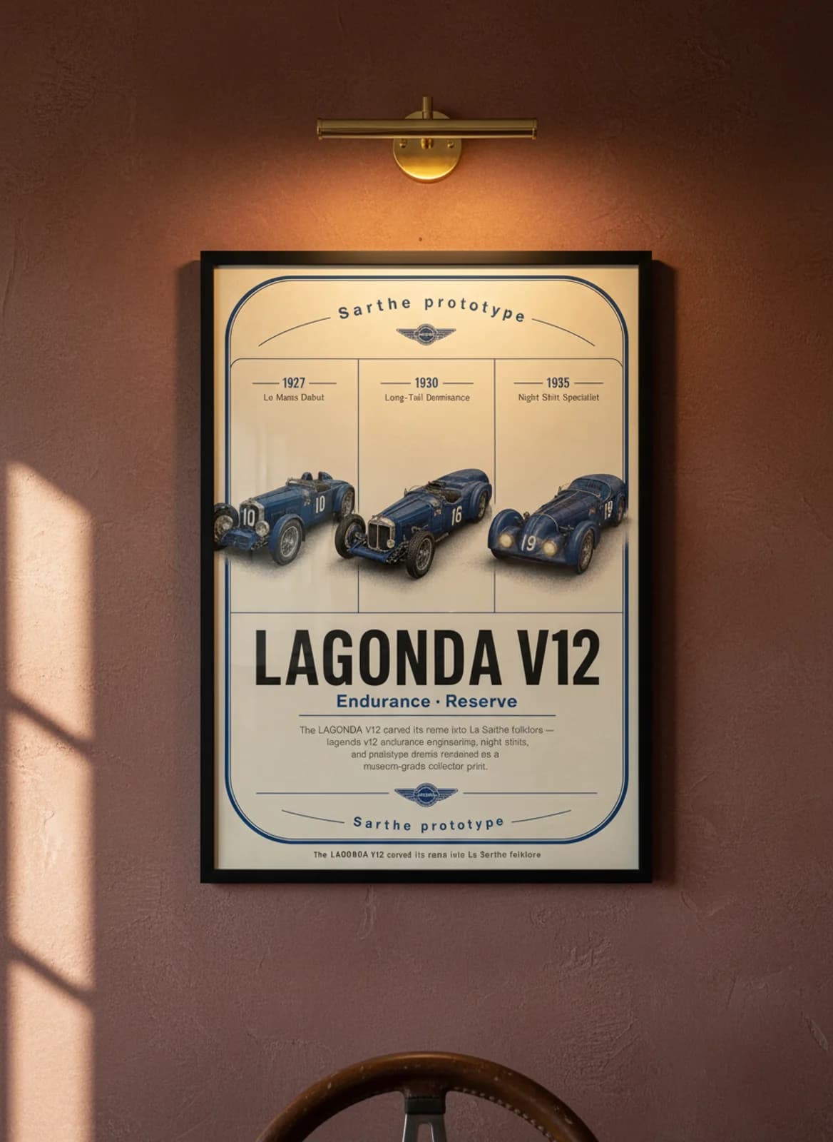 Lagonda V12 Le Mans endurance print in black A2 frame on warm-cream-parchment oxblood wall — Le Mans mockup