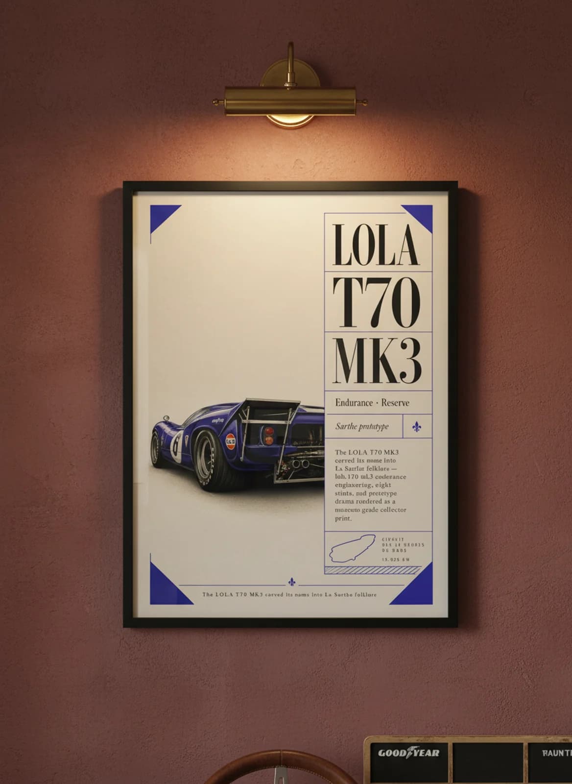 Lola T70 Mk3 Le Mans endurance print in black A2 frame on warm-cream-parchment oxblood wall — Le Mans mockup