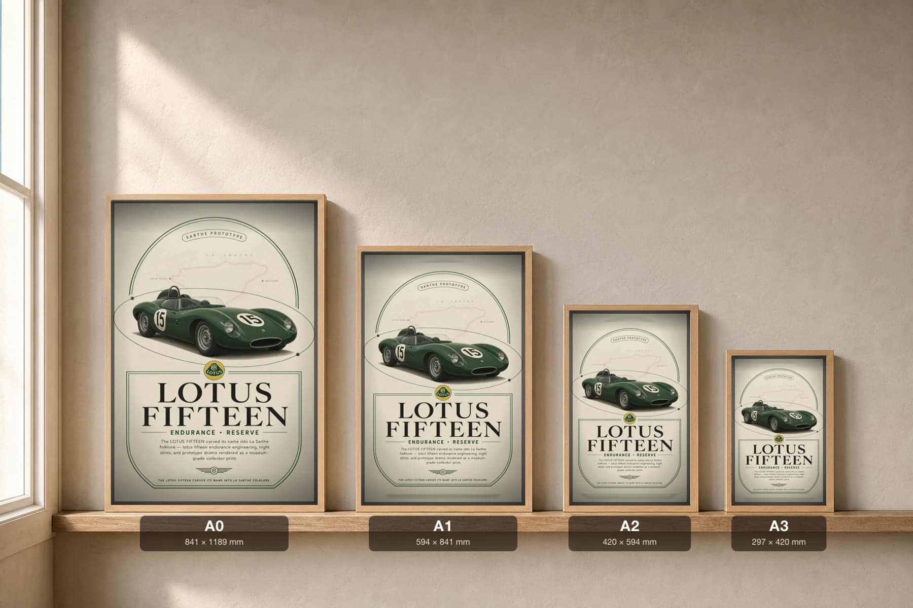 Lotus Fifteen Poster — 1959 24 Hours of Le Mans Endurance Racing Wall Art · framed A2 — print size guide showing the artwork at A0, A1, A2 and A3 in natural-oak frames at true relative scale