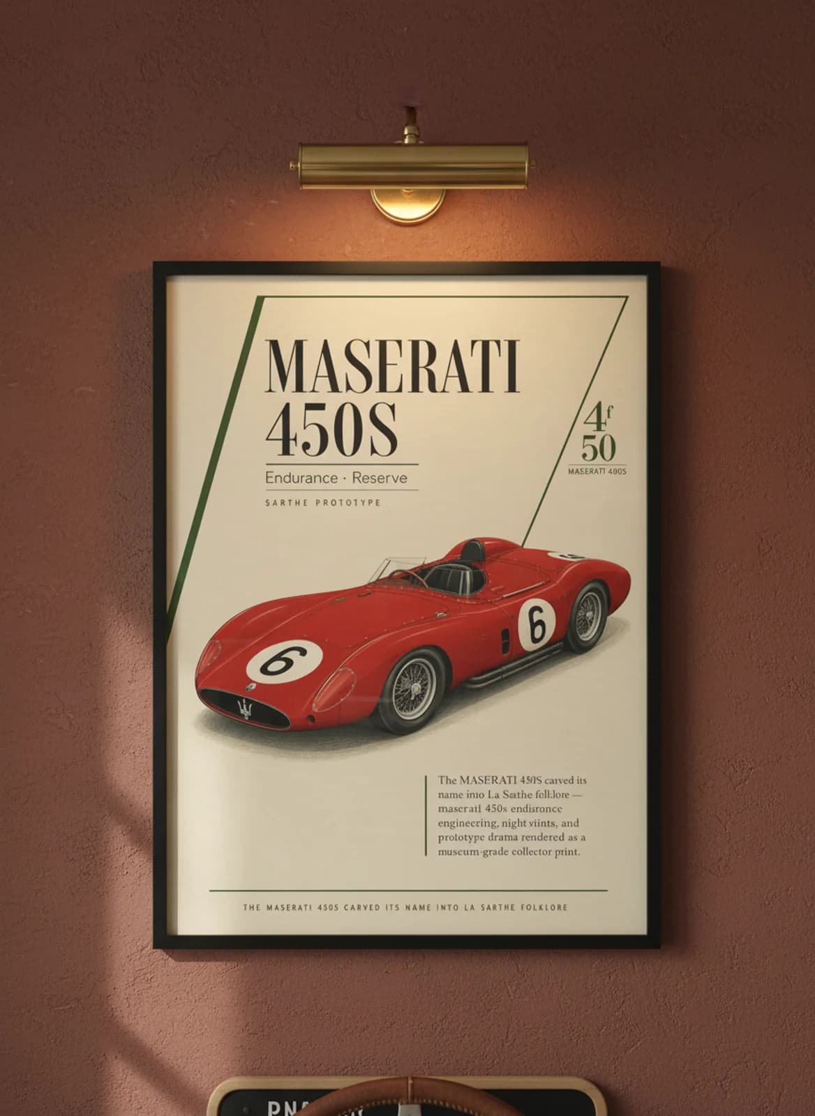 Maserati 450S Le Mans endurance print in black A2 frame on warm-cream-parchment oxblood wall — Le Mans mockup