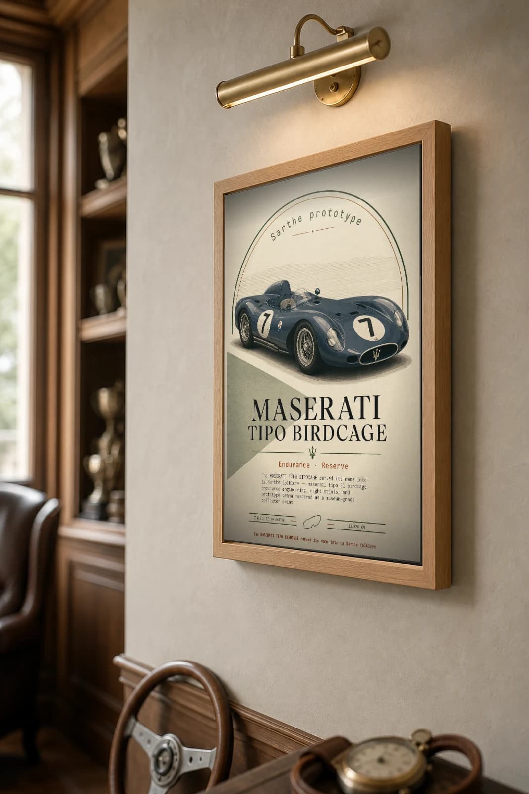 Maserati Tipo 61 Birdcage Poster — 1960 24 Hours of Le Mans Endurance Racing Wall Art · framed A2 — the framed print shown at a three-quarter angle on a styled gallery wall in a natural-oak frame