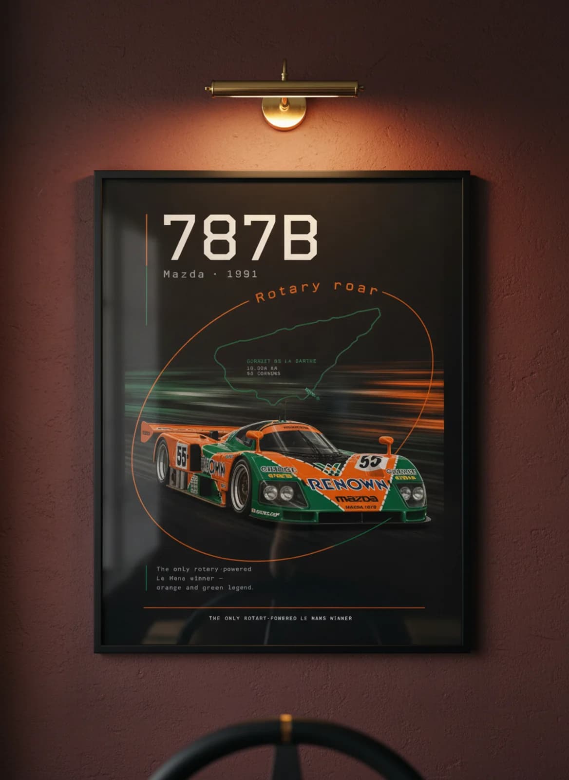 787B Renown Le Mans endurance print in black A2 frame on charcoal-black oxblood wall — Le Mans mockup