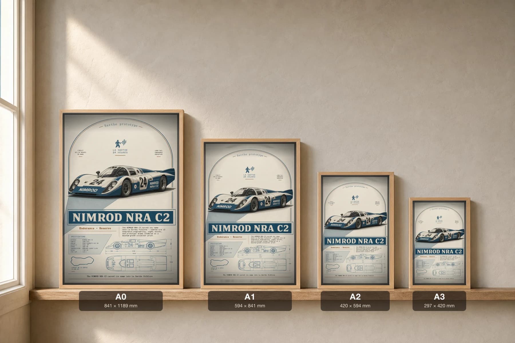 Nimrod NRA C2 Poster — 1982 24 Hours of Le Mans Endurance Racing Wall Art · framed A2 — print size guide showing the artwork at A0, A1, A2 and A3 in natural-oak frames at true relative scale