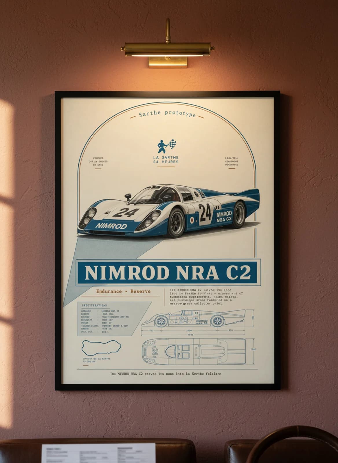 Nimrod NRA C2 Le Mans endurance print in black A2 frame on warm-cream-parchment oxblood wall — Le Mans mockup