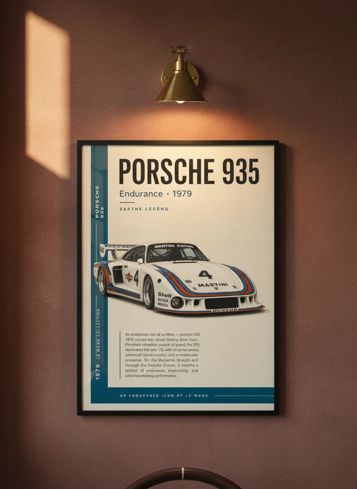 Porsche 935 Le Mans endurance print in black A2 frame on warm-cream-parchment oxblood wall — Le Mans mockup