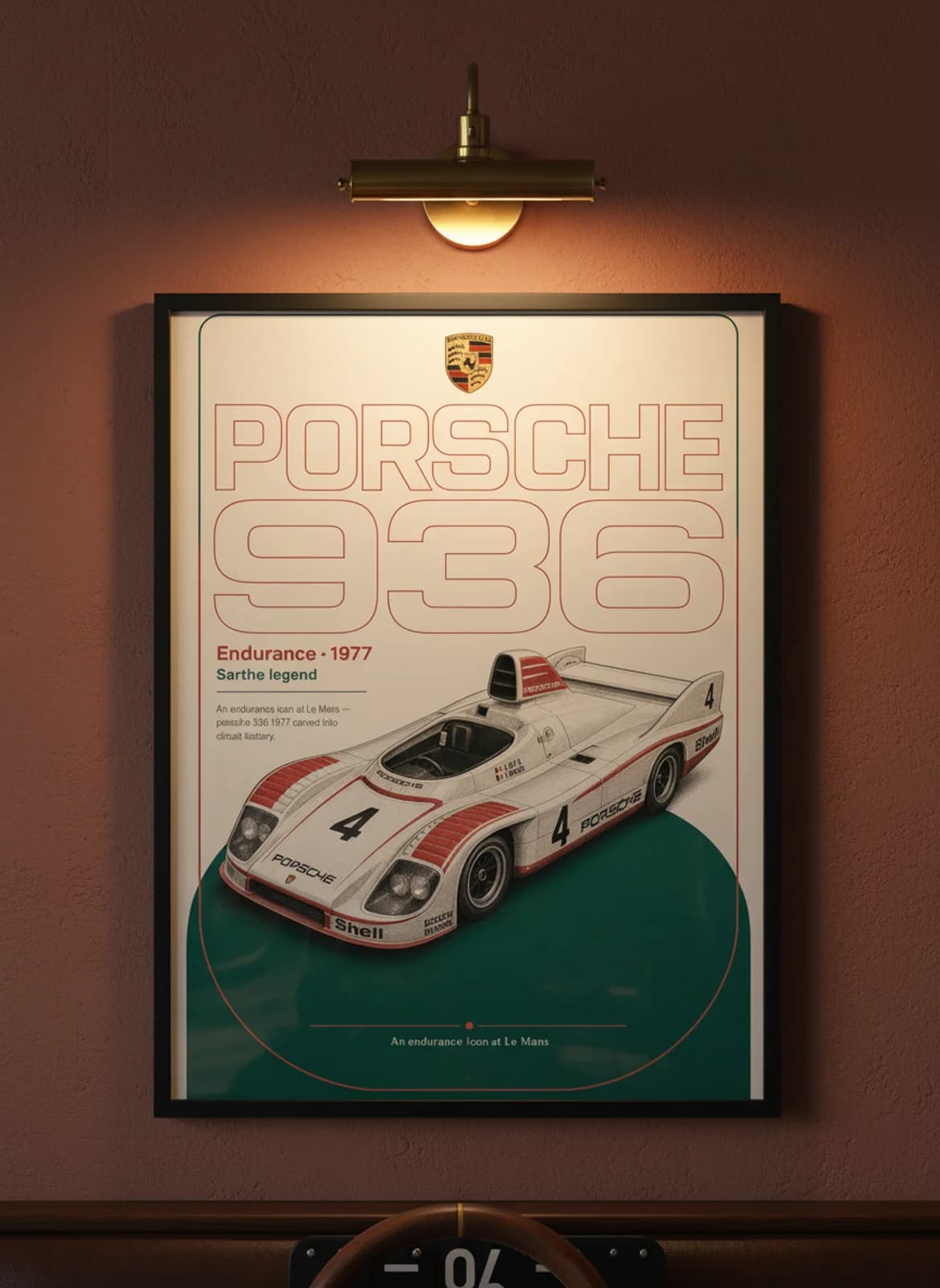 Porsche 936 Le Mans endurance print in black A2 frame on warm-parchment-paper oxblood wall — Le Mans mockup