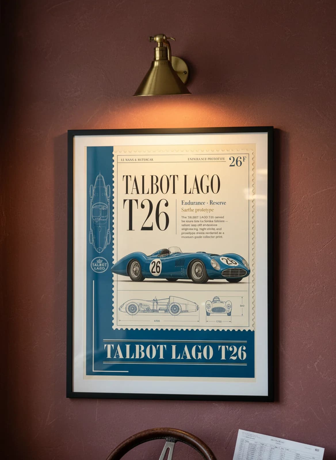 Talbot-Lago T26 Le Mans endurance print in black A2 frame on warm-cream-parchment oxblood wall — Le Mans mockup