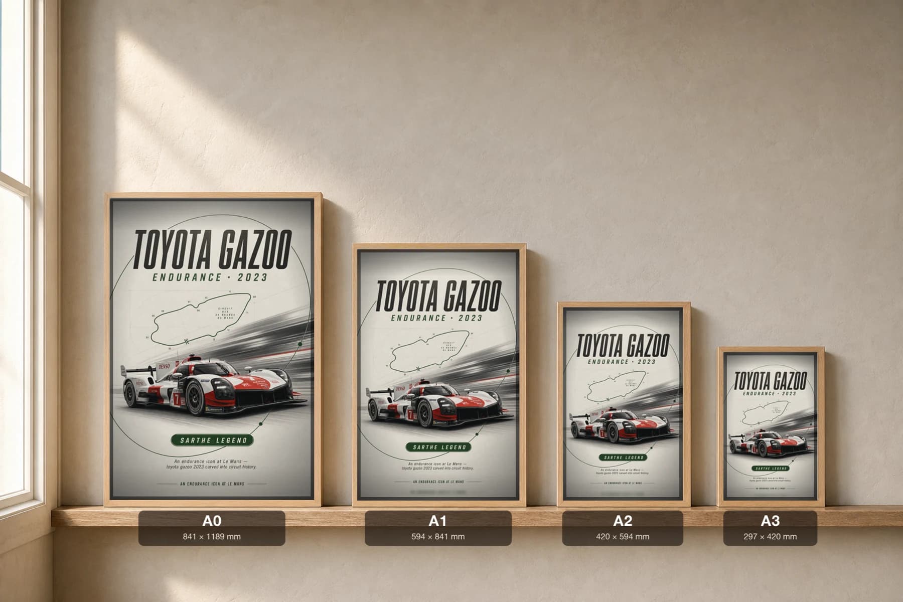 Toyota GR010 Hybrid Poster — 2023 24 Hours of Le Mans Endurance Racing Wall Art · framed A2 — print size guide showing the artwork at A0, A1, A2 and A3 in natural-oak frames at true relative scale