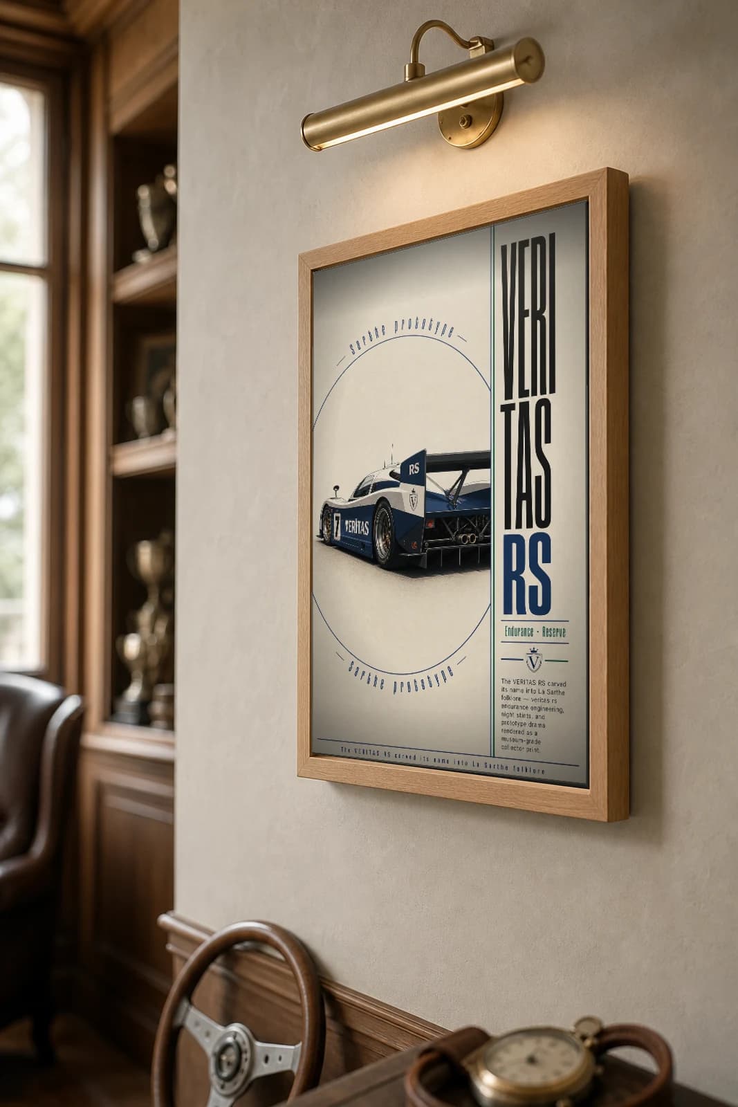 Veritas RS Poster — 1953 24 Hours of Le Mans Endurance Racing Wall Art · framed A2 — the framed print shown at a three-quarter angle on a styled gallery wall in a natural-oak frame