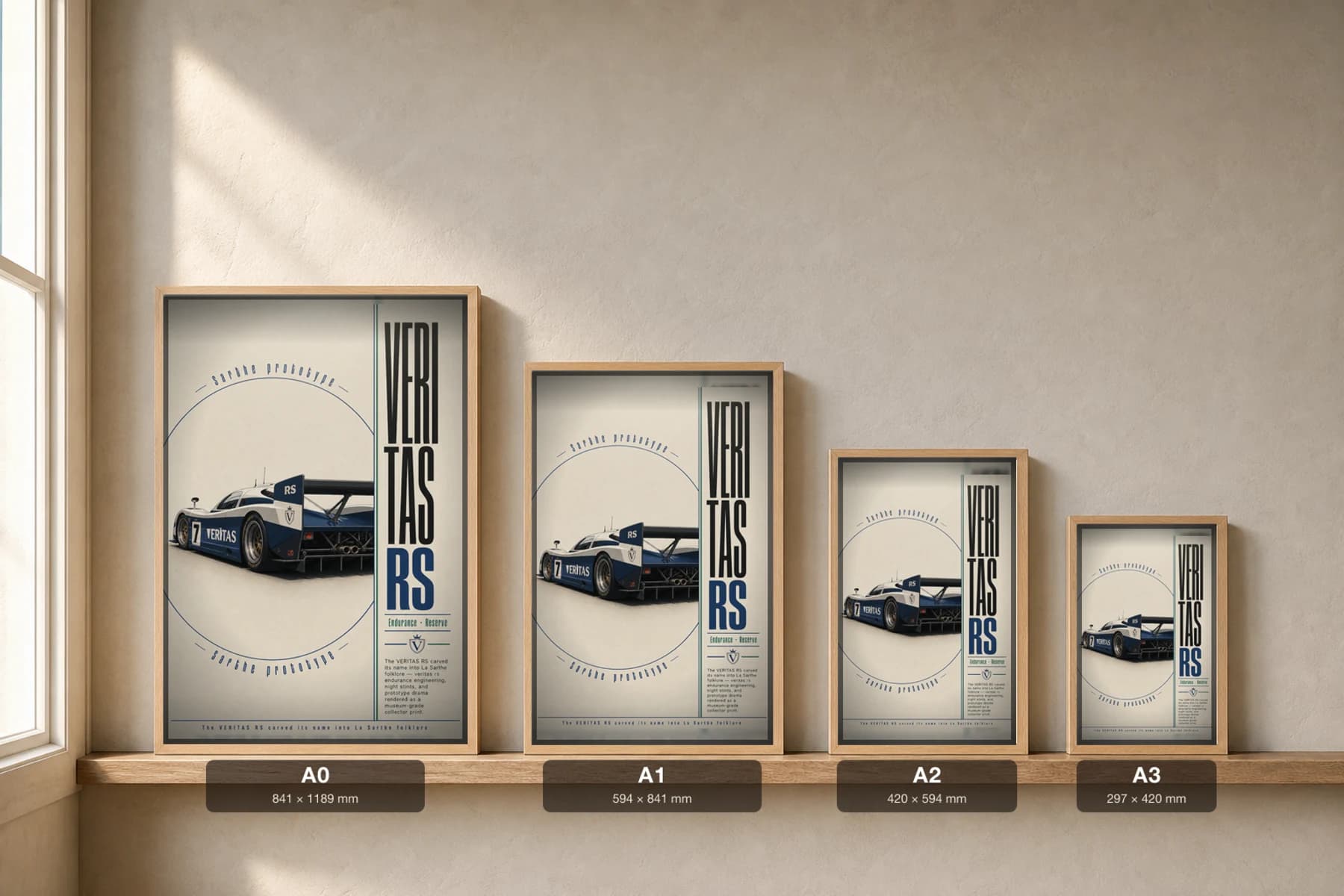 Veritas RS Poster — 1953 24 Hours of Le Mans Endurance Racing Wall Art · framed A2 — print size guide showing the artwork at A0, A1, A2 and A3 in natural-oak frames at true relative scale