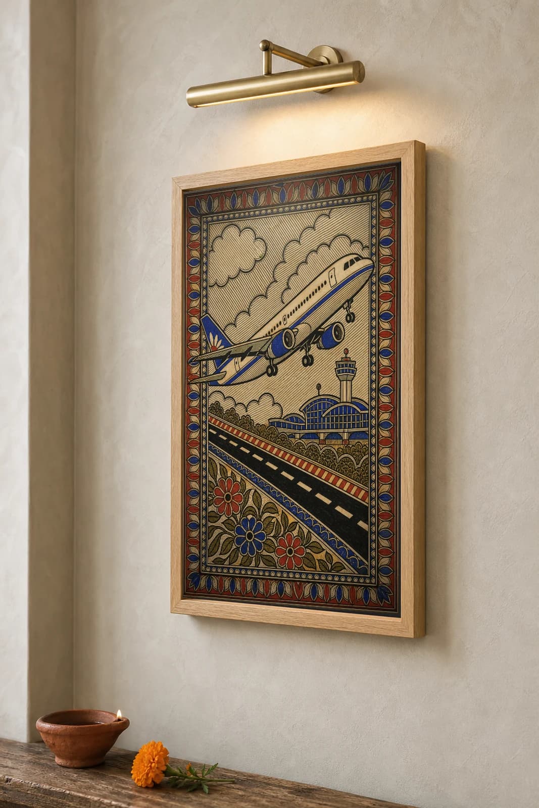 Airport A320 Takeoff Madhubani Poster — kachni Mithila folk art wall decor · framed A2 · Mithila (Bihar) grammar applied to Bengaluru aviation access theme — the framed print shown at a three-quarter angle on a styled gallery wall in a natural-oak frame