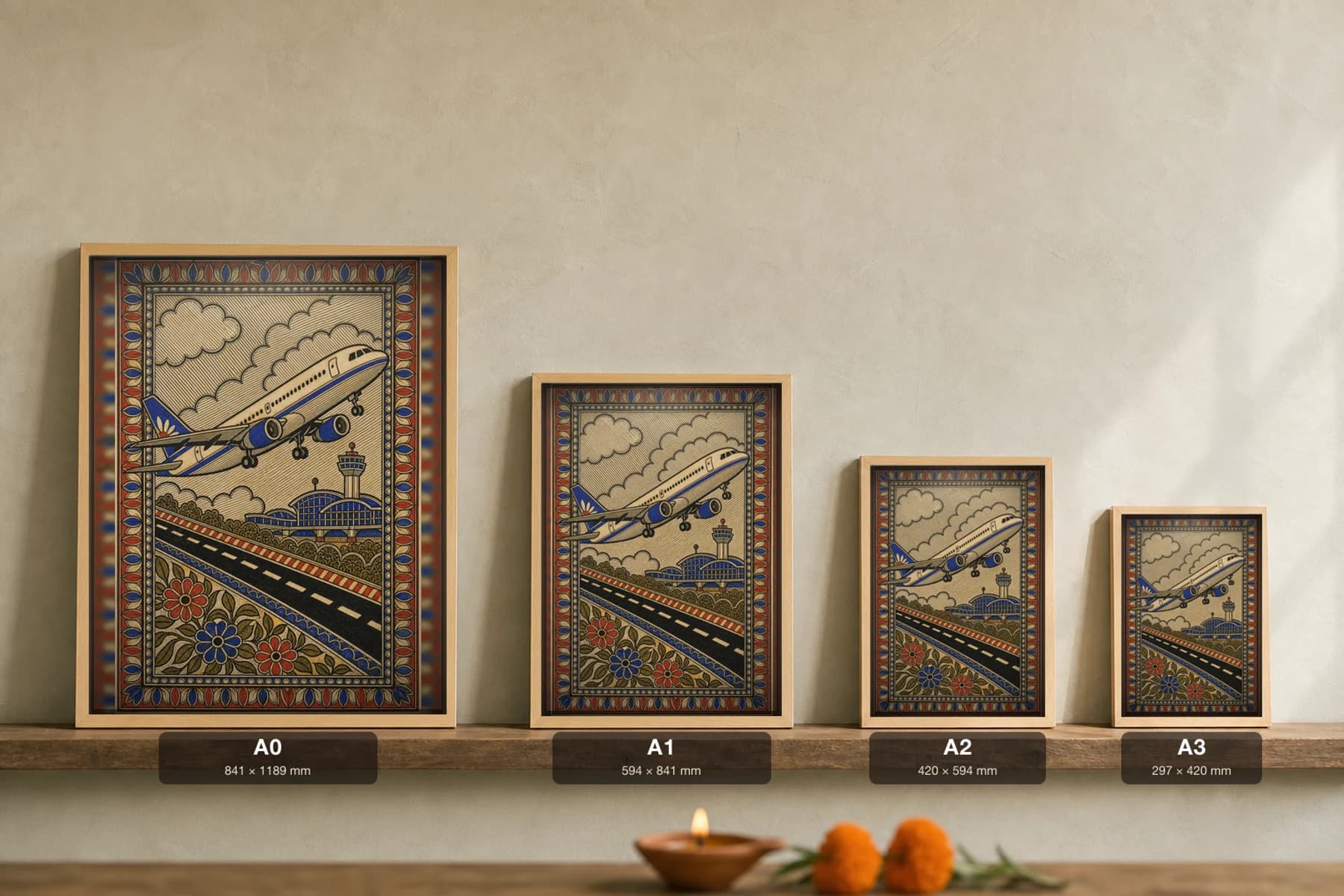 Airport A320 Takeoff Madhubani Poster — kachni Mithila folk art wall decor · framed A2 · Mithila (Bihar) grammar applied to Bengaluru aviation access theme — print size guide showing the artwork at A0, A1, A2 and A3 in natural-oak frames at true relative scale