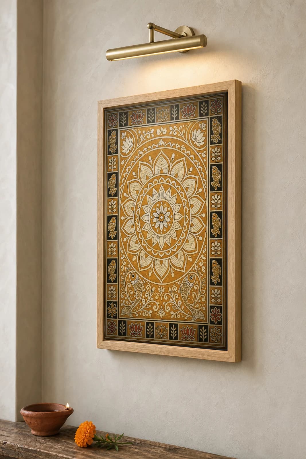 Aripana Floor Lotus Madhubani Poster — classical Mithila folk art wall decor · framed A2 · Madhubani, Mithila, Bihar — the framed print shown at a three-quarter angle on a styled gallery wall in a natural-oak frame