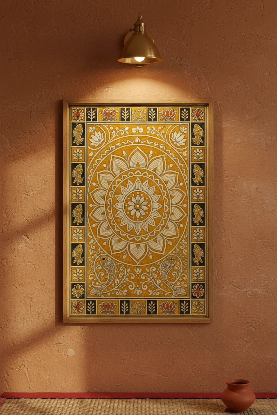 Aripana Floor Lotus Madhubani print in natural_oak A2 frame on geru-ochre terracotta limewash wall — Mithila folk art mockup