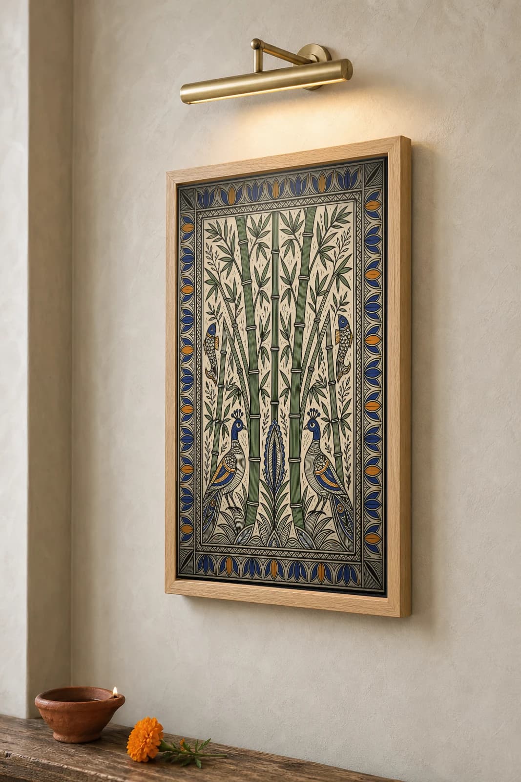 Bamboo Grove Madhubani Poster — kachni Mithila folk art wall decor · framed A2 · Madhubani — the framed print shown at a three-quarter angle on a styled gallery wall in a natural-oak frame