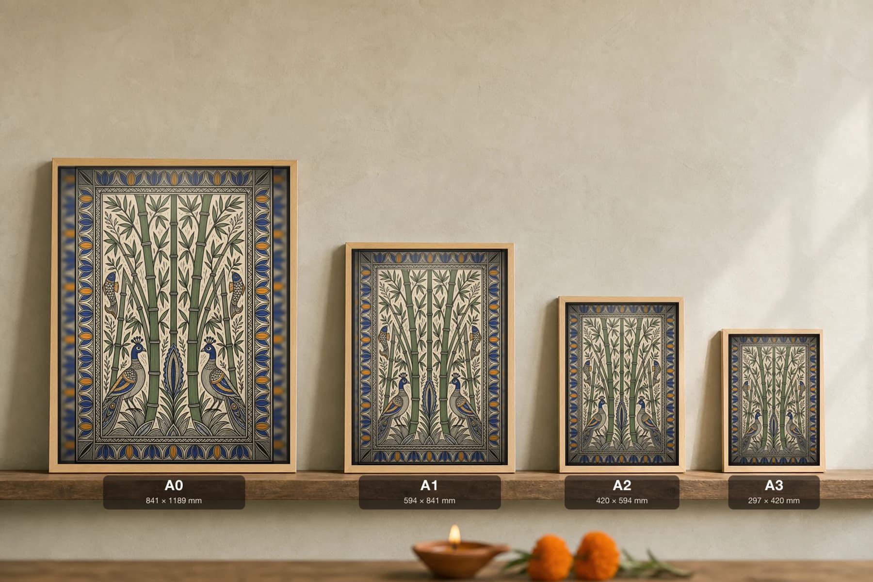 Bamboo Grove Madhubani Poster — kachni Mithila folk art wall decor · framed A2 · Madhubani — print size guide showing the artwork at A0, A1, A2 and A3 in natural-oak frames at true relative scale